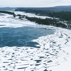 Ice fractures at the Great Lakes Research Center.